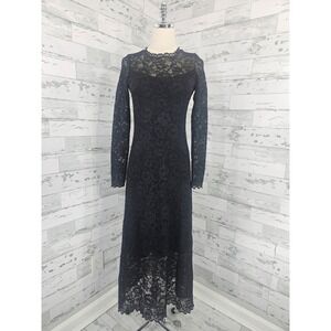 Saint + Sofia Black Floral Lace Long Sleeve Maxi Dress Scallop Neck‎ Size US 4